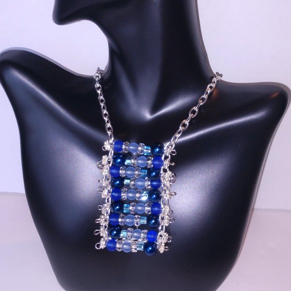 Hand Crafted Jewelry - Handmade Blue Beaded Statement Necklace With Silver Tone Chains